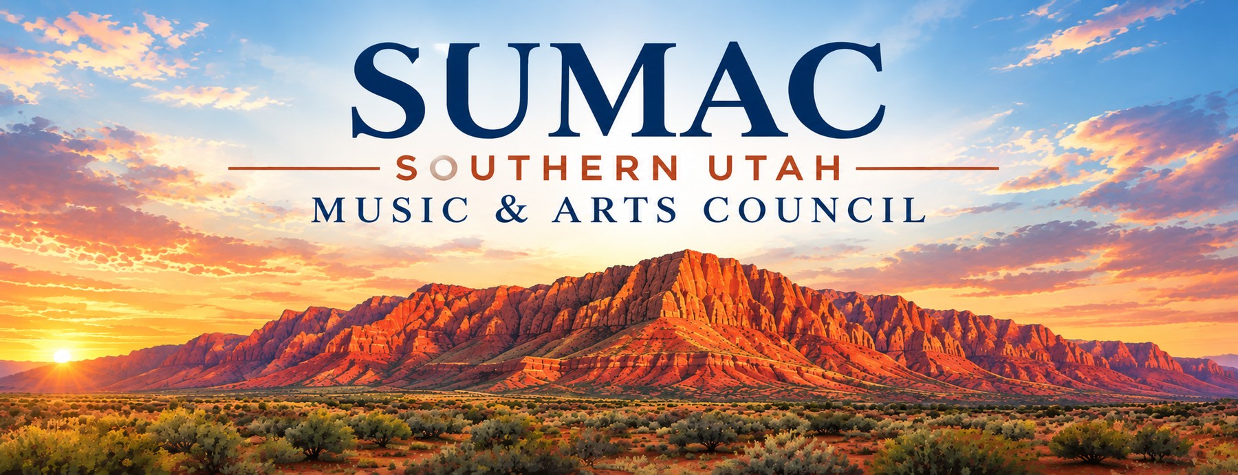 SUMAC - Southern Utah Music & Arts Council logo over a red rock sunset landscape